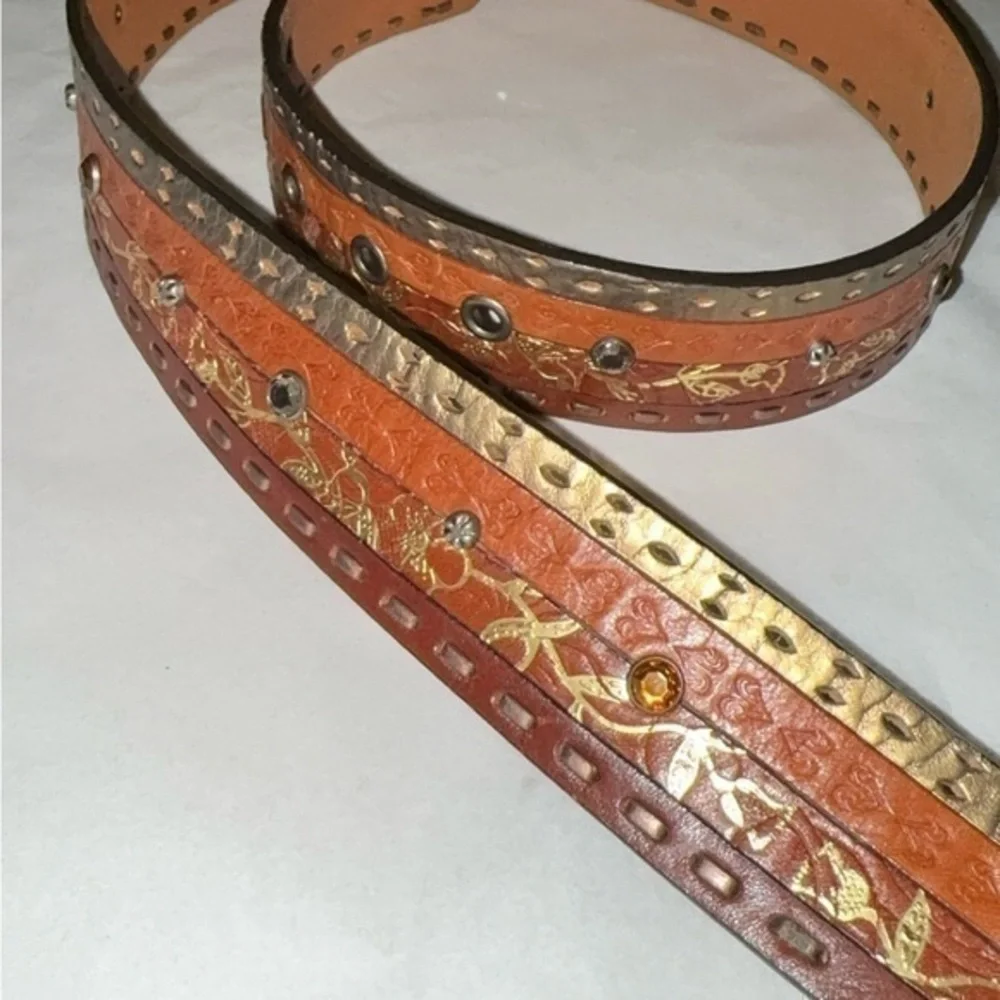 Fossil Brown Leather Embossed Beaded Belt Size Small‎